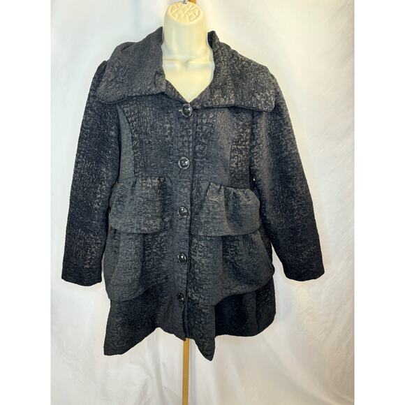 Gorgeous Ruffle Brocade Pea Coat - Black & Chocolate - Size XL (Juniors Sizing) - Picture 3 of 16